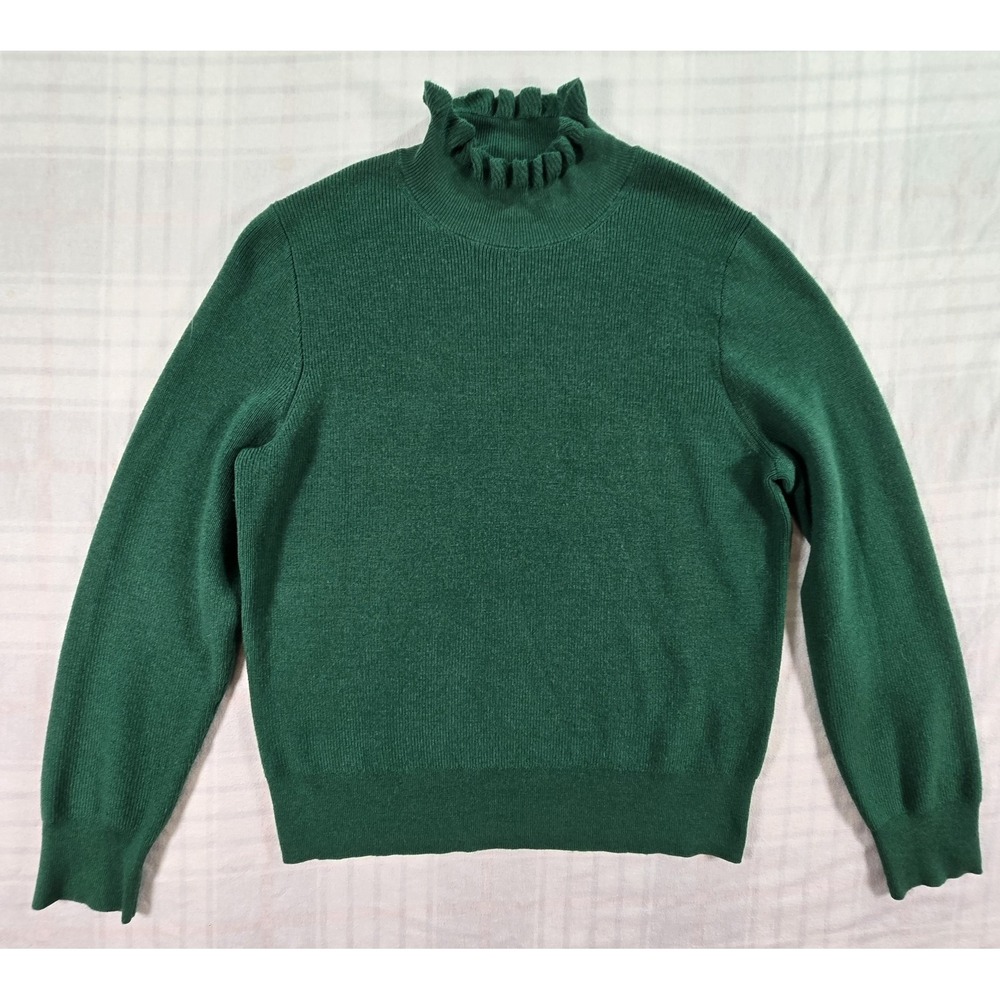 J.Crew Ruffle Mock Neck Merino Wool Blend Soft Kelly Green Sweater Women's L